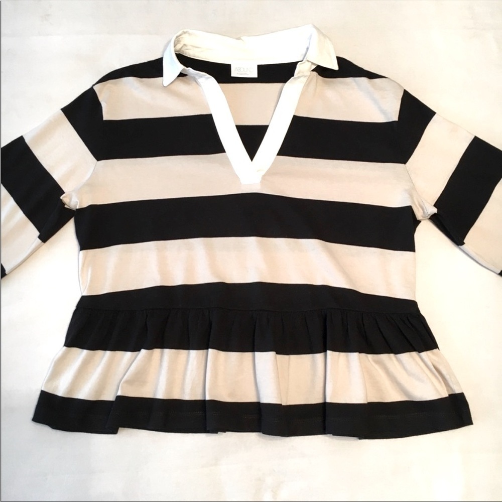 ABOUND Striped Ruffle Hem Top NWT Medium Black Tan Long Sleeve Collared